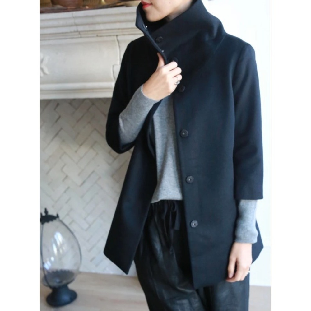 Lan Jaenicke Stamford 100% Cashmere 3/4 Sleeve Funnel Neck Coat Black size 2‎